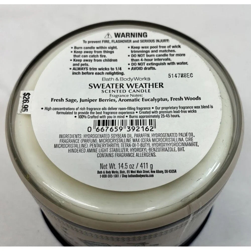 Bath & Body Works SWEATER WEATHER 🧥 Scented 3 Wick WHITE BARN Candle 25-45 Hrs